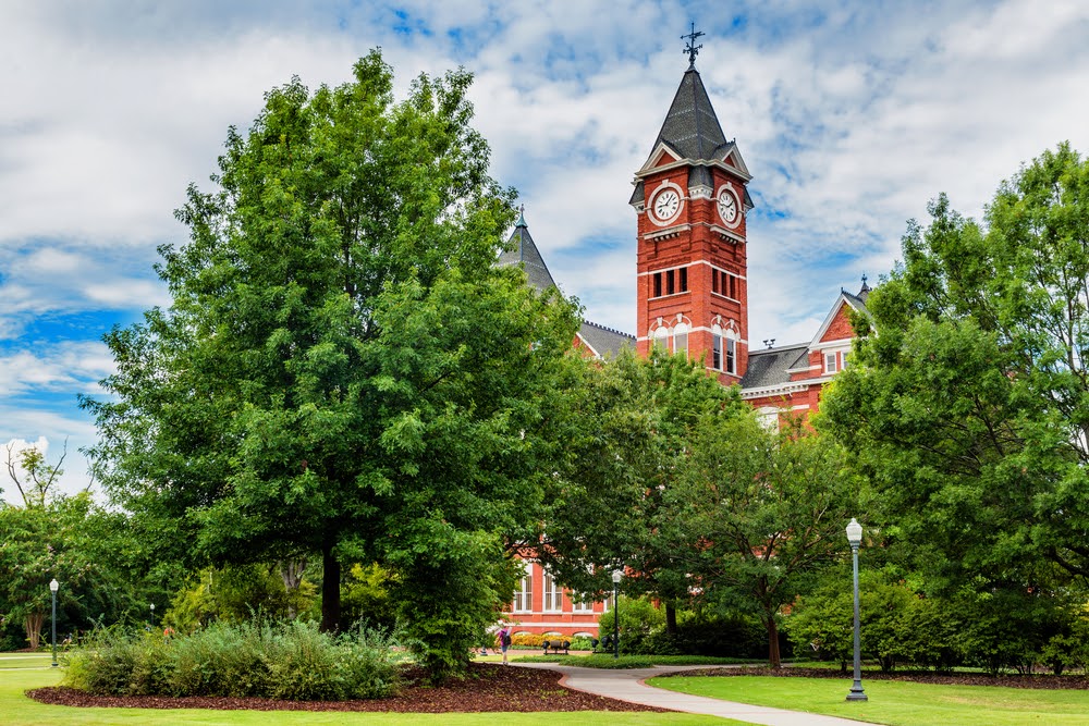 Samford Hall with trees 