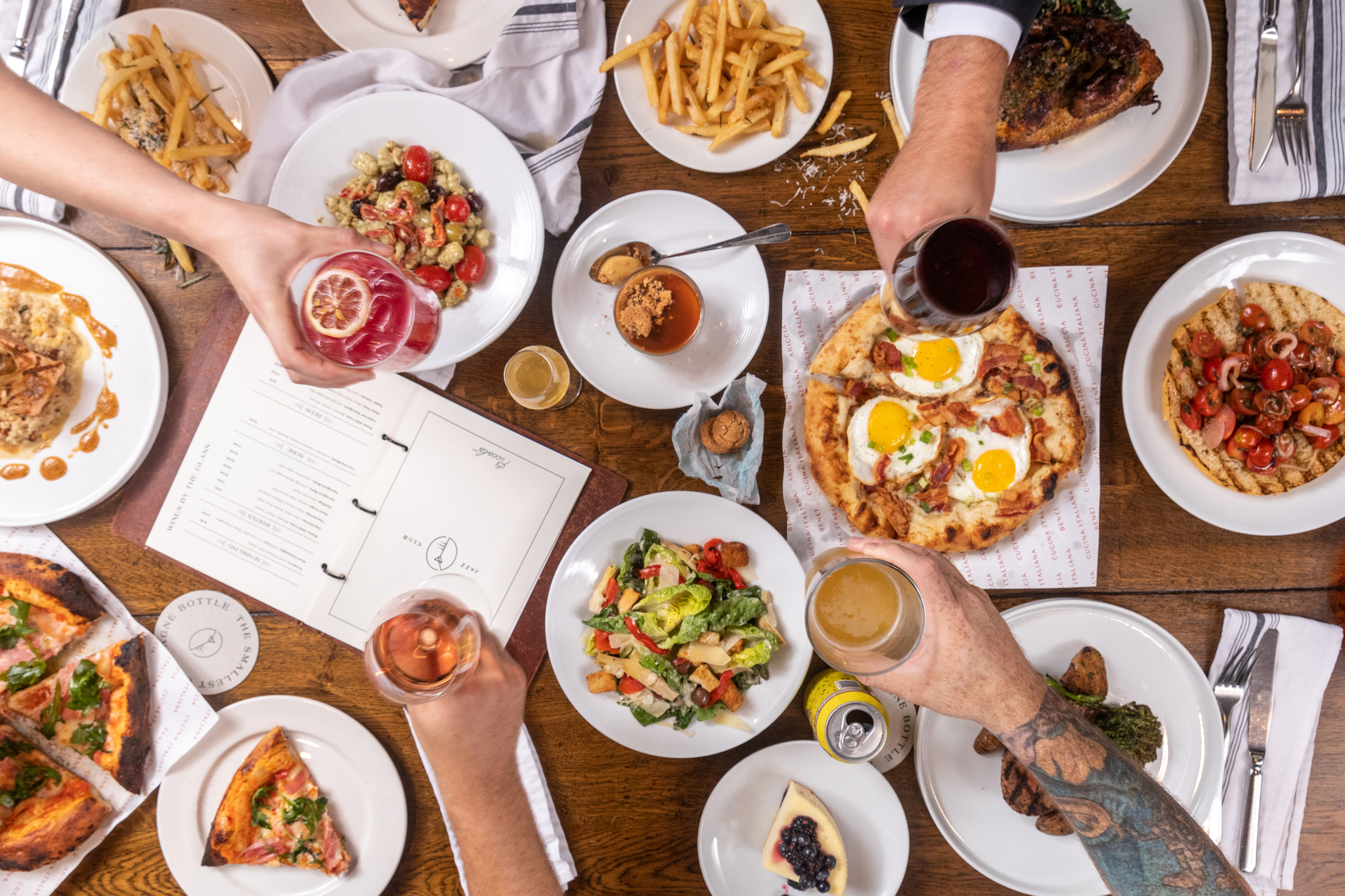 Friends toasting over brunch